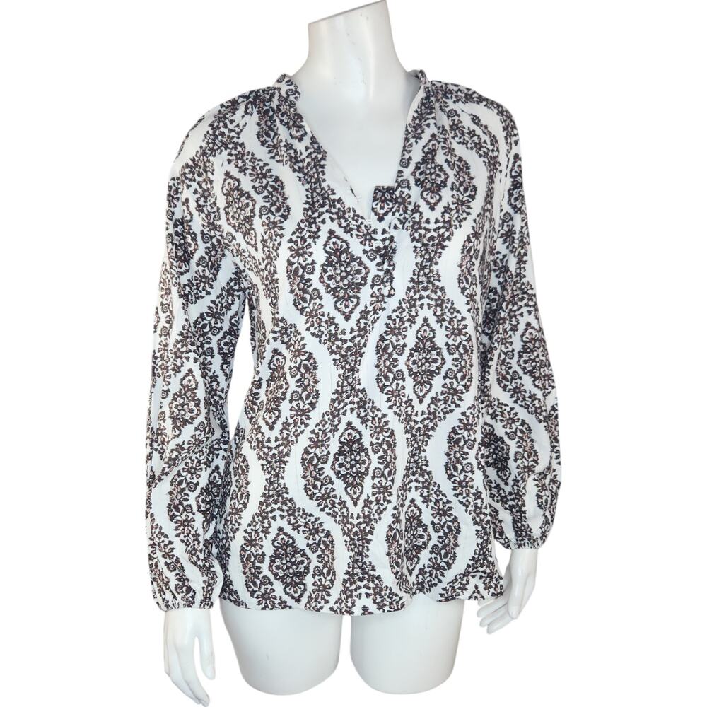 Belle by Kim Gravel Floral Ikat Blouson Sleeve Blouse‎ Hot Fudge XX-Small